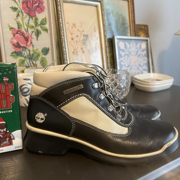 Vintage Timberland Black & Cream Leather Boots 7.5 - Picture 4 of 5